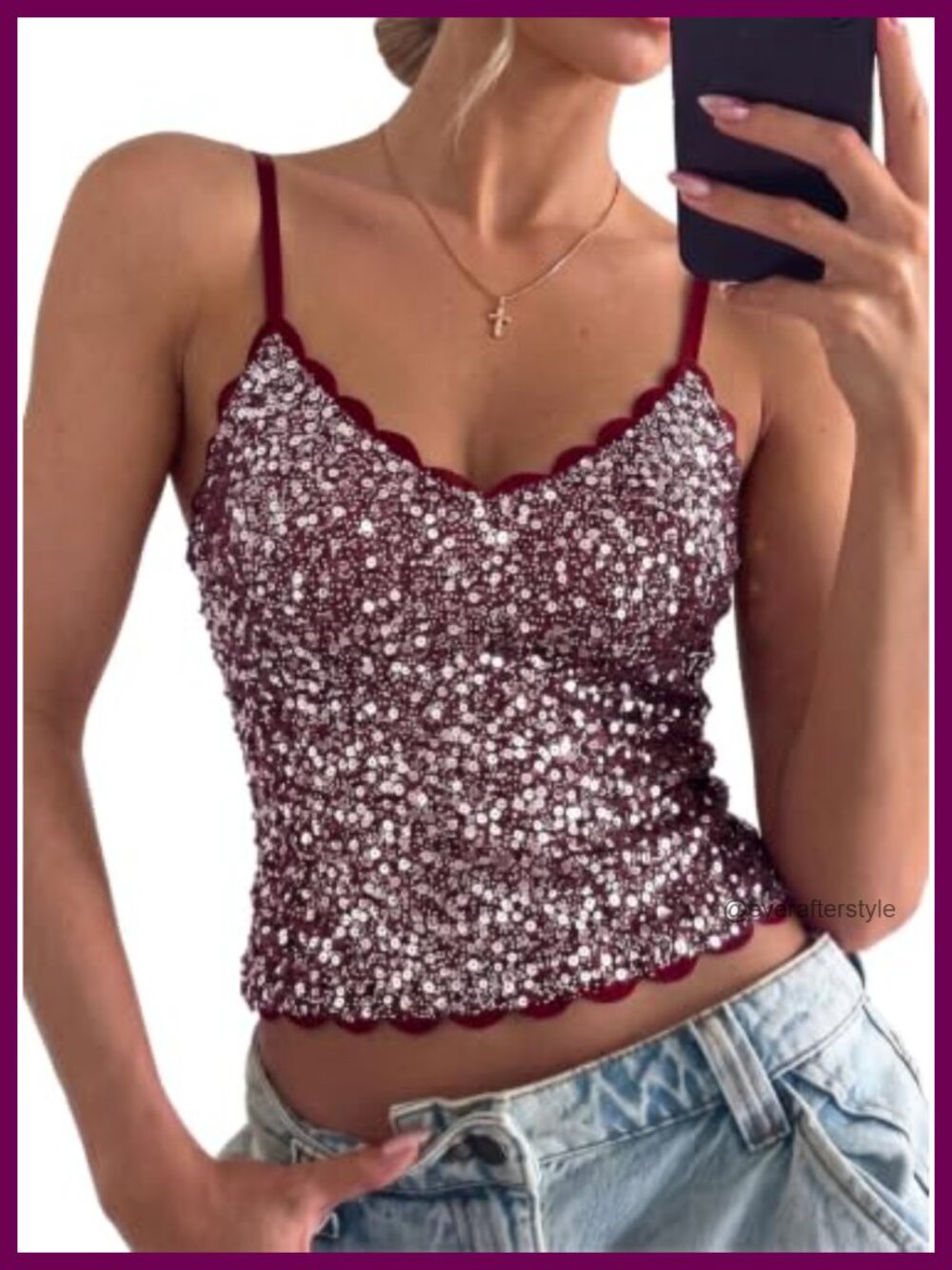 Sequin Tank Top with Built-in Bra Sleeveless Scalloped V-Neck Party